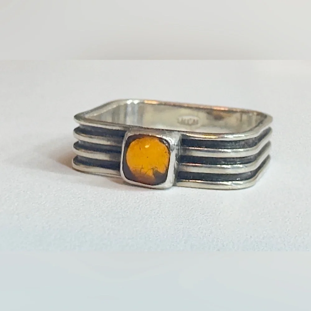 Sterling Silver 925 MNSN Square Amber Ring (6.5)